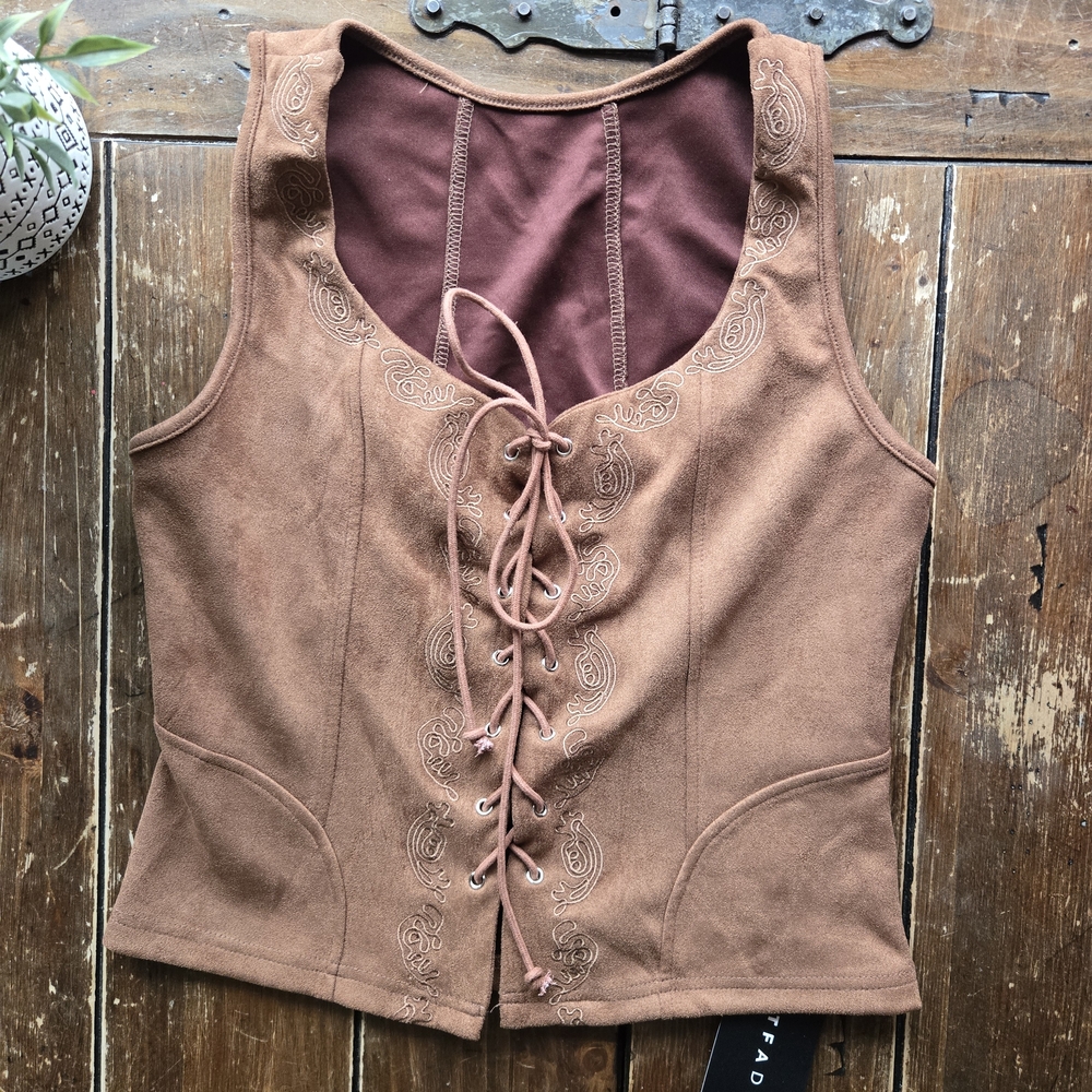 NWT Westfade Faux Suede Lace-Up Western Vest | Brown Boho Cowgirl Top - Picture 3 of 6